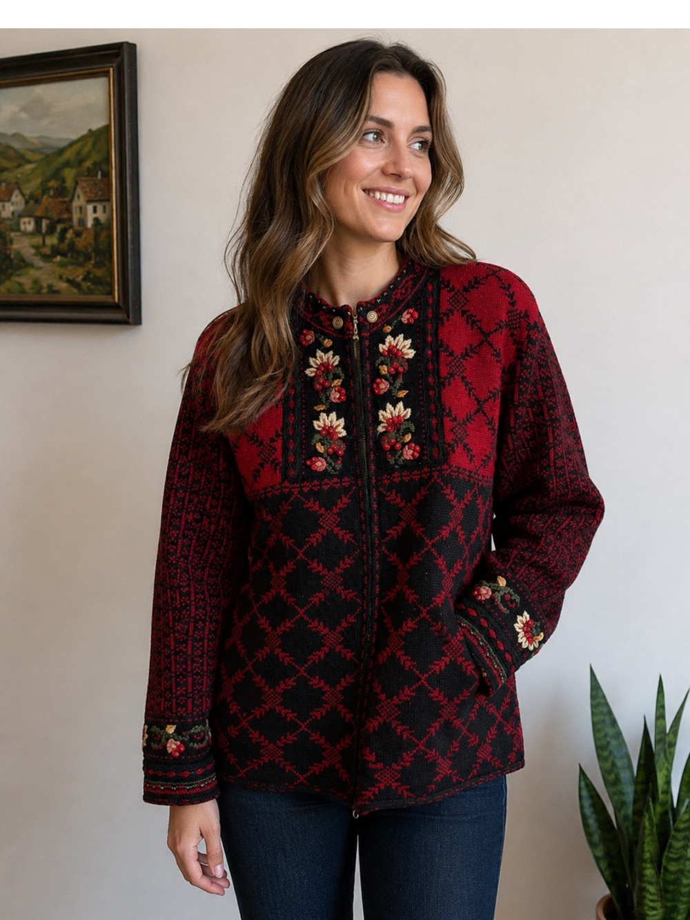Icelandic Design Wool Cardigan Sweater Jacket Red Black Floral Embroidered Mediu